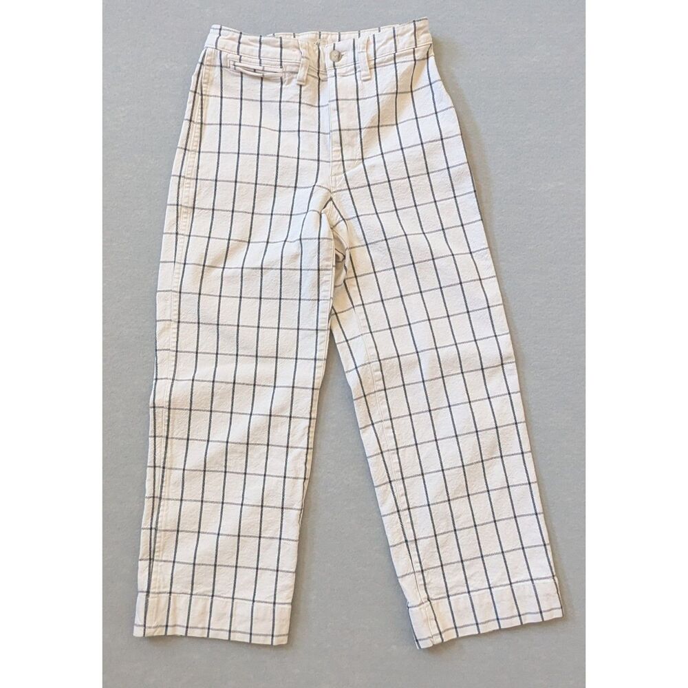 Madewell Slim Emmett Wide Leg Crop Pants Women's 25 Ivory Black Windowpane Plaid